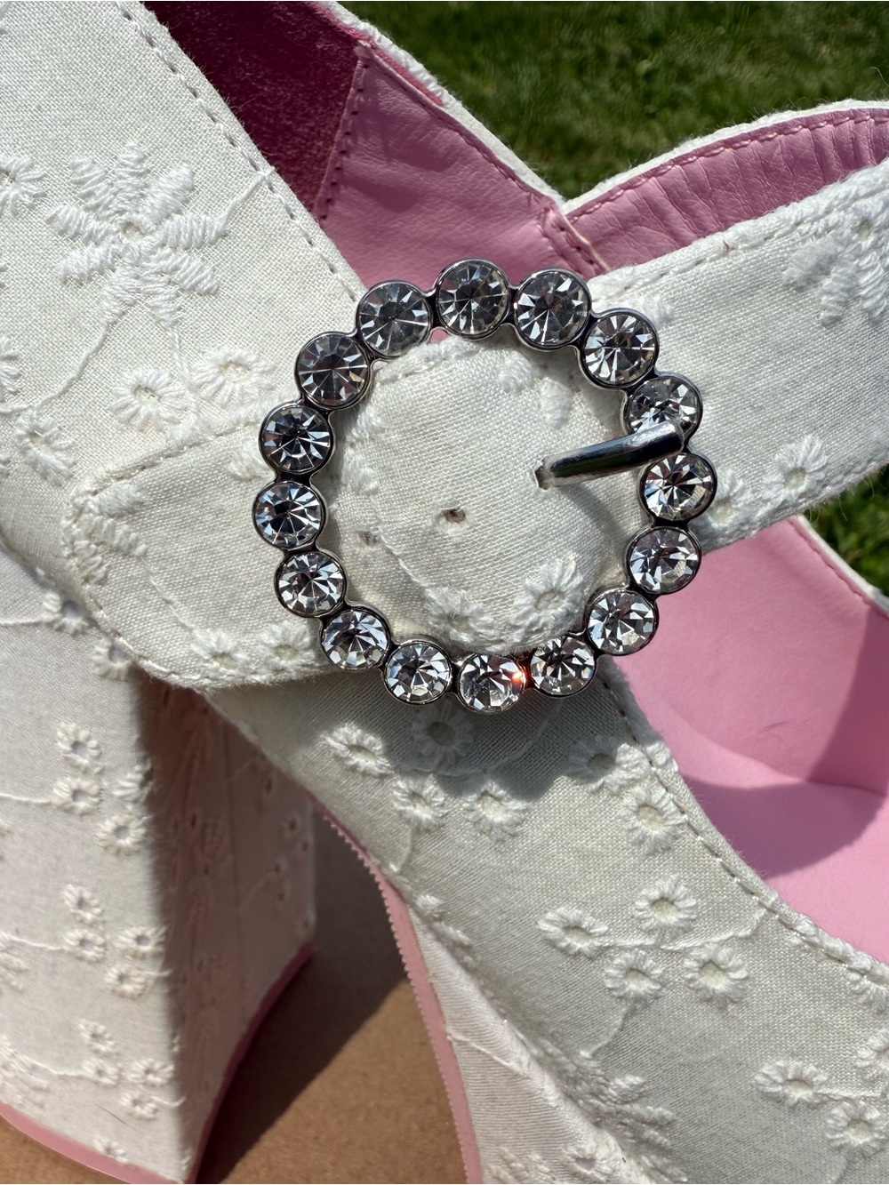 Sugar Thrillz White Lace Platform Mary Jane Heels with Rhinestone Buckle - Picture 6 of 7